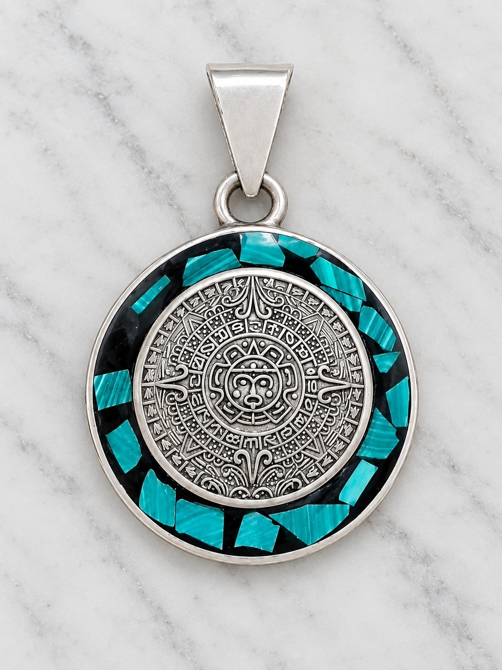 Vintage Taxco Mexico 925 Silver Aztec/Mayan Calendar Pendant with Turquoise
